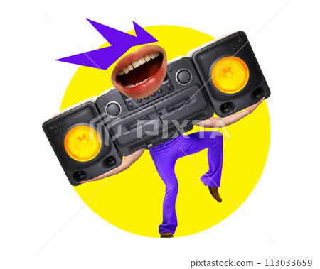 Poster. Contemporary art collage. Retro radio receiver with human legs and lips loudly singing and energetically dancing. 113033659