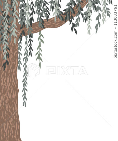 Green willow tree branches vertical frame isolated on white background. Corner tree leaves branches border vector. Green willow tree branches vertical frame isolated on white background. Corner tree leaves branches border vector. 113033761