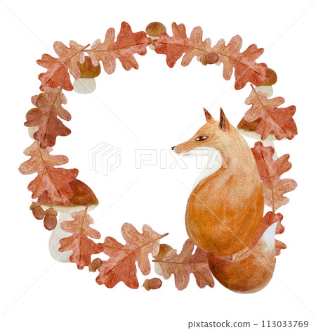 Fox in a oak leaf frame watercolor flat illustration isolated on white Fox in a oak leaf frame watercolor flat illustration isolated on white 113033769