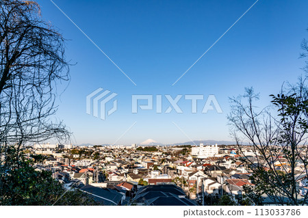 [Kanagawa Prefecture] Residential area overlooking Mt. Fuji under the bright blue sky 113033786