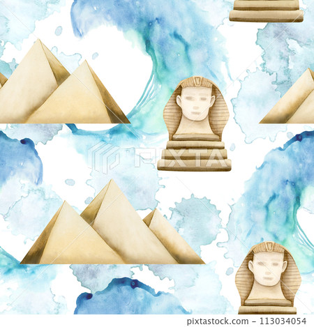 Egypt pyramids, statue of Sphinx and Red sea waves watercolor seamless pattern on white background for Egyptian tourism designs, Passover Exodus illustration for Haggadah story Egypt pyramids, statue of Sphinx and Red sea waves watercolor seamless pattern on white background for Egyptian tourism designs, Passover Exodus illustration for Haggadah story 113034054