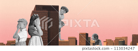 Boys and girls, little children playing hide and seek between city skyscrapers with sunset sky. Contemporary art collage. Boys and girls, little children playing hide and seek between city skyscrapers with sunset sky. Contemporary art collage. 113034247