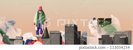 Senior man standing in city full of garbage. Environmental issues, problem of litter in ecology. Contemporary art collage. 113034254
