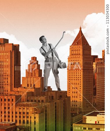 Monochrome giant smiling man standing among building with sunlit, holding vacuum cleaner and cleaning wall. New home. Contemporary art collage. 113034300