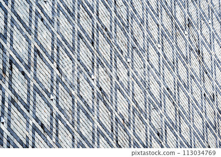 A close-up view of the intricate tile pattern on the rooftop of St. Vitus Cathedral, showcasing the geometric design and craftsmanship. Prague, Czechia 113034769