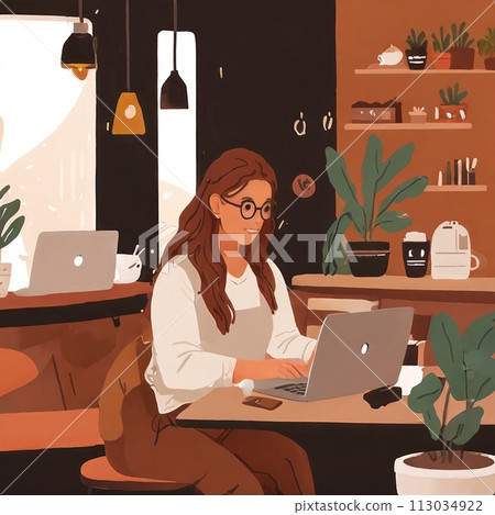 A woman using a computer at a coffee shop 113034922