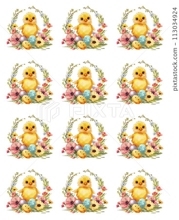 AI-generated content. Easter little chick with eggs, flowers and herbs stickers 113034924