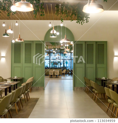 Large empty restaurant with several rooms for visitors 113034959