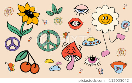 Vector illustration. Groovy hippie stickers set. Comic happy retro stickers, characters in trendy retro 60s 70s cartoon style. Set of trendy vintage y2k sticker icons. 113035042