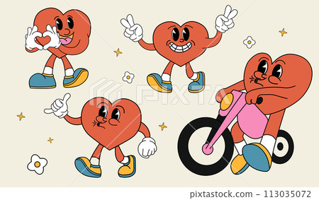 Vector illustration. Cool groovy stickers with heart. Trendy Pop Art set. Colorful retro cartoon label shape collection. Stylish retro 60s 70s cartoon style. Vector illustration. Cool groovy stickers with heart. Trendy Pop Art set. Colorful retro cartoon label shape collection. Stylish retro 60s 70s cartoon style. 113035072