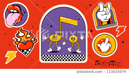 Vector. Colorful retro cartoon label shape set. Collection of trendy vintage y2k sticker icons. Funny vibrant color quote sign bundle. Fun patch illustrations. Vector. Colorful retro cartoon label shape set. Collection of trendy vintage y2k sticker icons. Funny vibrant color quote sign bundle. Fun patch illustrations. 113035074
