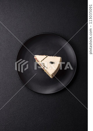 Delicious sweet dessert cheesecake with raspberry and pistachio flavor 113035091