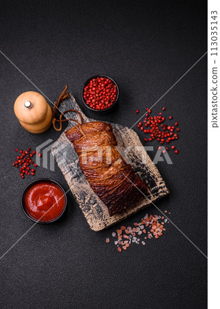 Delicious smoked meat pork or chicken with salt, spices and herbs 113035143