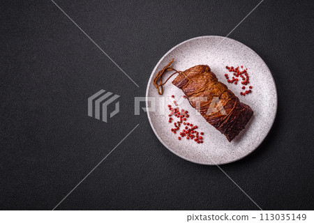 Delicious smoked meat pork or chicken with salt, spices and herbs 113035149