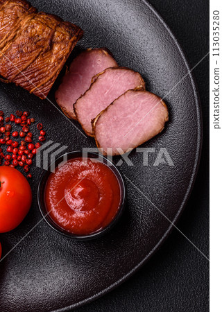 Delicious smoked meat pork or chicken with salt, spices and herbs 113035280