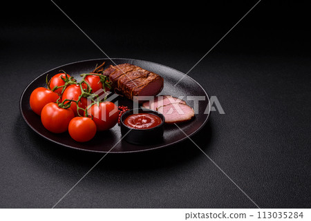 Delicious smoked meat pork or chicken with salt, spices and herbs Delicious smoked meat pork or chicken with salt, spices and herbs 113035284