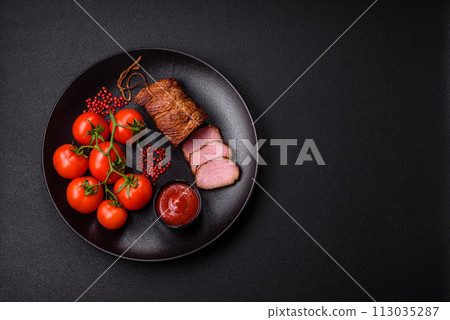 Delicious smoked meat pork or chicken with salt, spices and herbs Delicious smoked meat pork or chicken with salt, spices and herbs 113035287