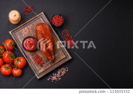 Delicious smoked meat chicken breast with salt, spices and herbs Delicious smoked meat chicken breast with salt, spices and herbs 113035332