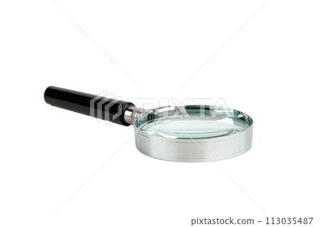 A magnifying glass with a black handle, lying on a white background A magnifying glass with a black handle, lying on a white background 113035487