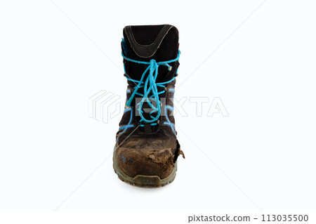 An old worn shoe top view on a white background An old worn shoe top view on a white background 113035500