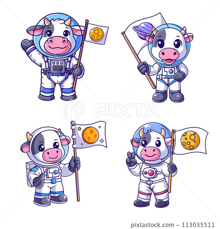 Cute cow dressed as an astronaut and carrying a flag set 113035511