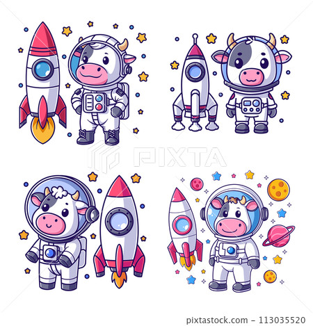 Cute cow wearing astronaut suit with rocket set 113035520