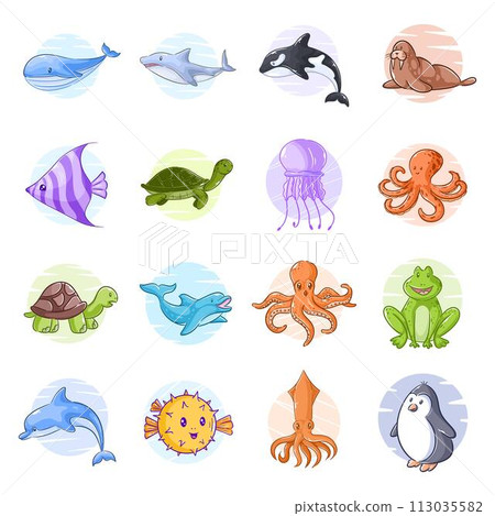Cute marine life, hand drawn style set Cute marine life, hand drawn style set 113035582