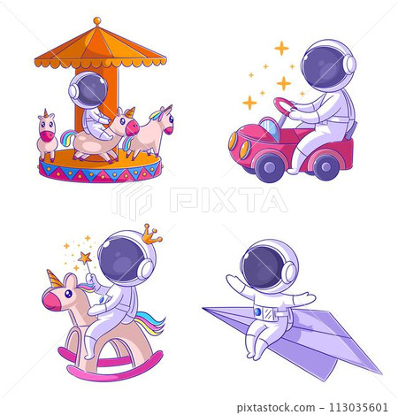 Cute astronauts have fun playing, cartoon style set Cute astronauts have fun playing, cartoon style set 113035601
