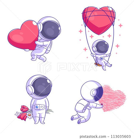 Cute astronaut with love, cartoon style set Cute astronaut with love, cartoon style set 113035603