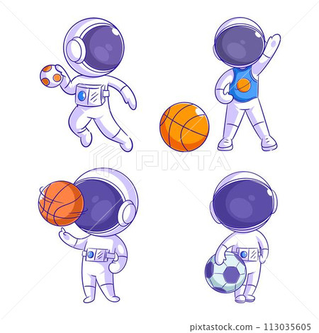 Cute astronaut carrying a ball, cartoon style set 113035605