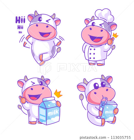Excited cow making milk in cartoon style set Excited cow making milk in cartoon style set 113035755