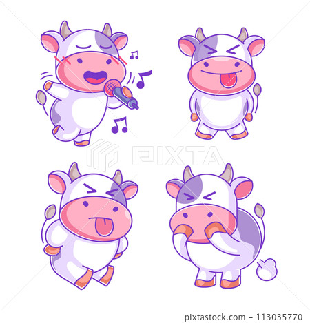 Cow singing in cartoon style set 113035770