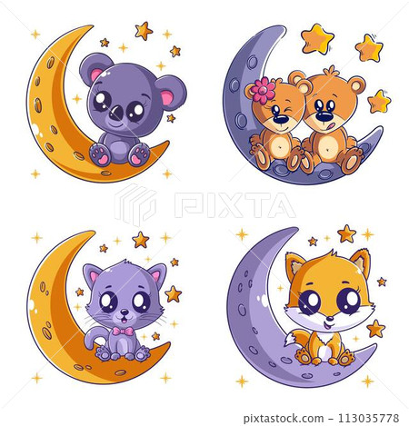 Cute animal on the moon, hand drawn style set 113035778