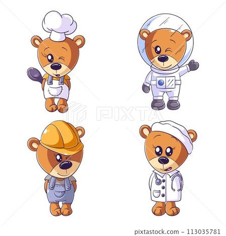 Cute bear in worker clothes, hand drawn style set Cute bear in worker clothes, hand drawn style set 113035781