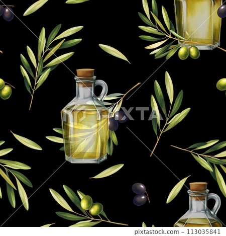 Seamless pattern with olives, oil bottle and leaves. For print, design, textile and background. 113035841