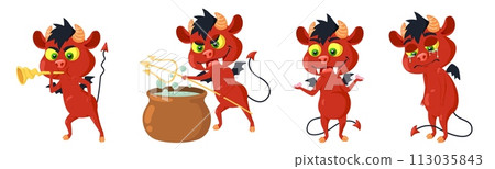 Cute small horned devil cartoon characters emoji isolated set Cute small horned devil cartoon characters emoji isolated set 113035843