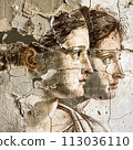 A hyperrealistic close-up of a chipped and faded fresco on the wall of an ancient house 113036110