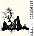 A minimalist line art design of a lone skeletal tree silhouetted against the crumbling facade of an ancient house 113036116