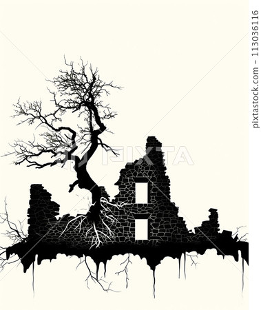 A minimalist line art design of a lone skeletal tree silhouetted against the crumbling facade of an ancient house 113036116