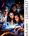 A photo of a diverse group of students in a science lab captivated by a teacher holding a glowing book. A holographic 3D rocket launches from the book 113036117