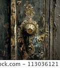 A photo of a weathered brass doorknob of an ancient house 113036121