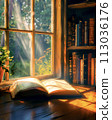 A photorealistic close-up of an open textbook bathed in sunlight streaming through a classroom window casting a warm glow on a single 113036176