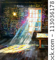 A vibrant illustration of a chalkboard covered in colorful chalk drawings 113036178
