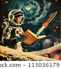 A student in a spacesuit holding a glowing book with a 3D rocket launching from its pages 113036179