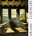 An empty classroom with open windows sunlight streaming in 113036180
