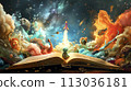 A whimsical illustration of a child reading a storybook filled with fantastical creatures representing the elements. In the center a 3D rocket blasts off 113036181
