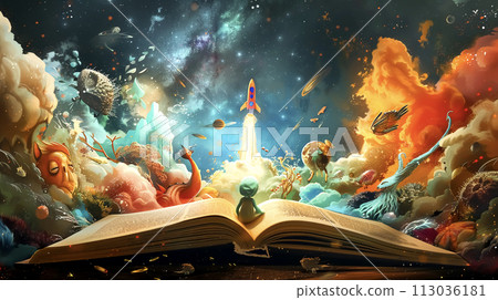 A whimsical illustration of a child reading a storybook filled with fantastical creatures representing the elements. In the center a 3D rocket blasts off 113036181