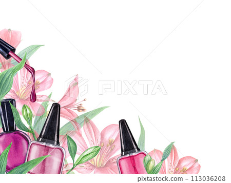 Nail polish bottle among tropical flowers. Horizontal frame with copy space. Composition in pink, red colors for beauty, manicure. Watercolor illustration isolated on white. For greeting, marketing Nail polish bottle among tropical flowers. Horizontal frame with copy space. Composition in pink, red colors for beauty, manicure. Watercolor illustration isolated on white. For greeting, marketing 113036208