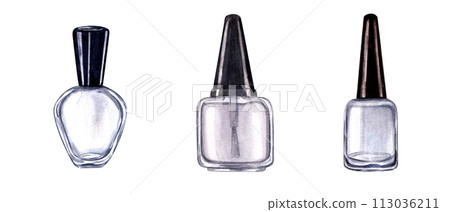 Empty glass bottles for nail polish. As template for manicure design. Cosmetic beauty varnish pack. Watercolor realistic glossy glass with black cap. Set isolated on white background. 113036211