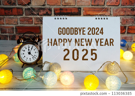 Happy New Year 2025 text message with alarm clock and LED cotton balls decoration 113036385